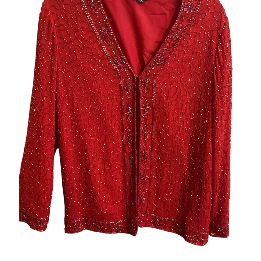 Vtg KRISHMA Women's Red Open Cardigan Evening Jacket Sequined Beaded Plus Sz 2X - Picture 6 of 14